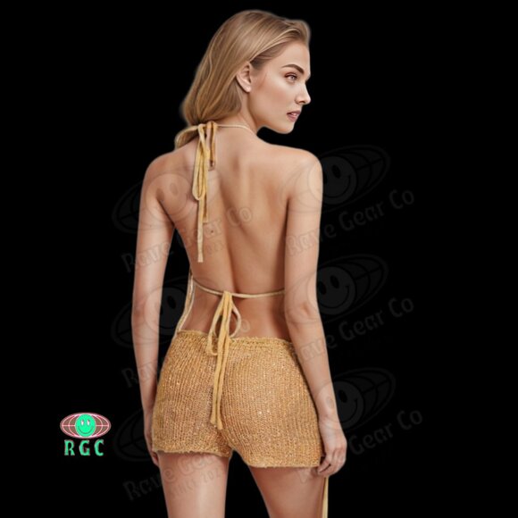 Hooded Boho Sequin Mesh Asymmetrical Matching Set Shorts Festival EDM Rave NWT - Picture 2 of 7